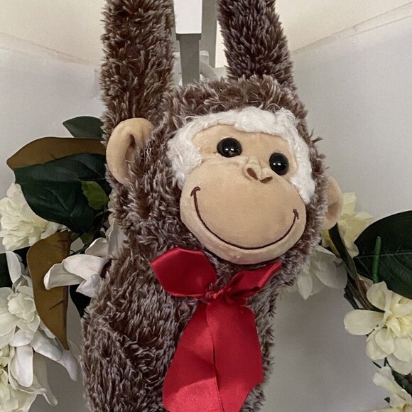 Vintage Pier One 1‎ Imports Brown Hanging Monkey Plush Poseable Animal 26" Bow - Picture 13 of 16